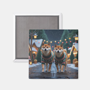 Imán Perros Shiba Inu Navidad Nieve Fiesta