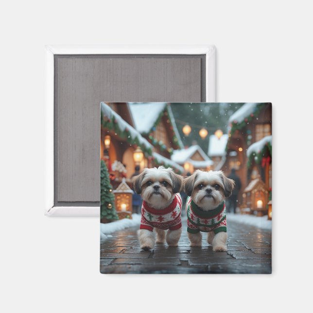 Imán Perros Shih Tzu Navidad Nieve Fiesta (Anverso/Reverso)