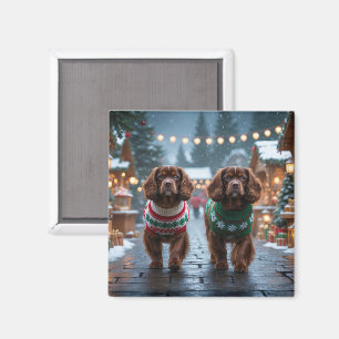 Imán Perros Spaniel Tibetanos Navidad Nieve Fiesta