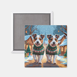 Imán Perros Terrier Australianos Navidad Nieve Fiesta