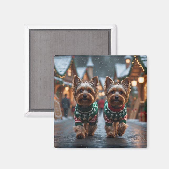 Imán Perros Terrier de Yorkshire Navidad Nieve Fiesta  (Anverso/Reverso)