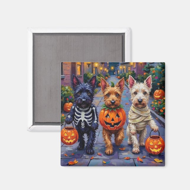 Imán Perros Terrier Escoceses con disfraces de Hallowee (Anverso/Reverso)