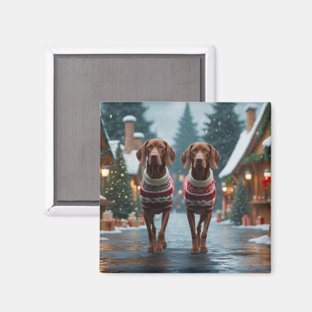 Imán Perros Vizsla Navidad Nieve Fiesta (Anverso/Reverso)
