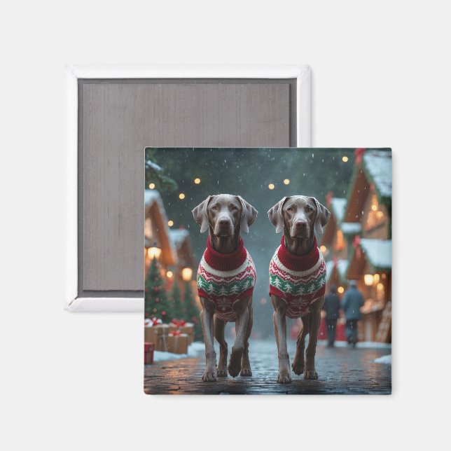Imán Perros Weimaraner Navidad Nieve Fiesta (Anverso/Reverso)