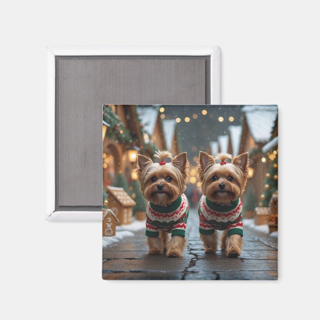 Imán Perros Yorkipoo Navidad Nieve Fiesta (Anverso/Reverso)
