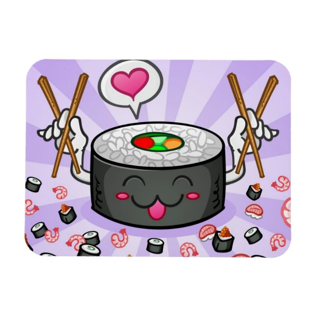 Imán Personaje de caricatura de sushi comiendo muchos c (Horizontal)