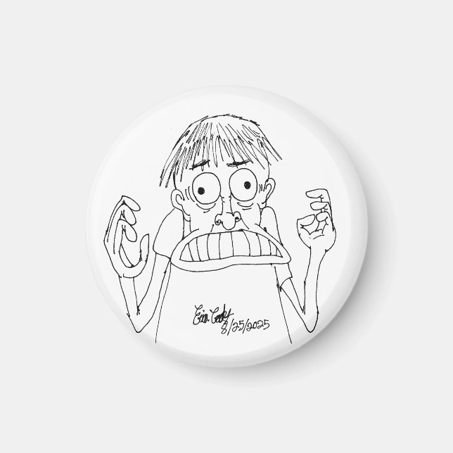 Imán personaje de dibujos animados con pánico (Frente)