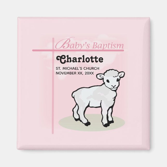 Imán Personalizable, bautismo, rosa, Chica, cordero (Frente)