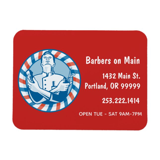 Imán Personalizable de la insignia de Barbershop Retro (Horizontal)