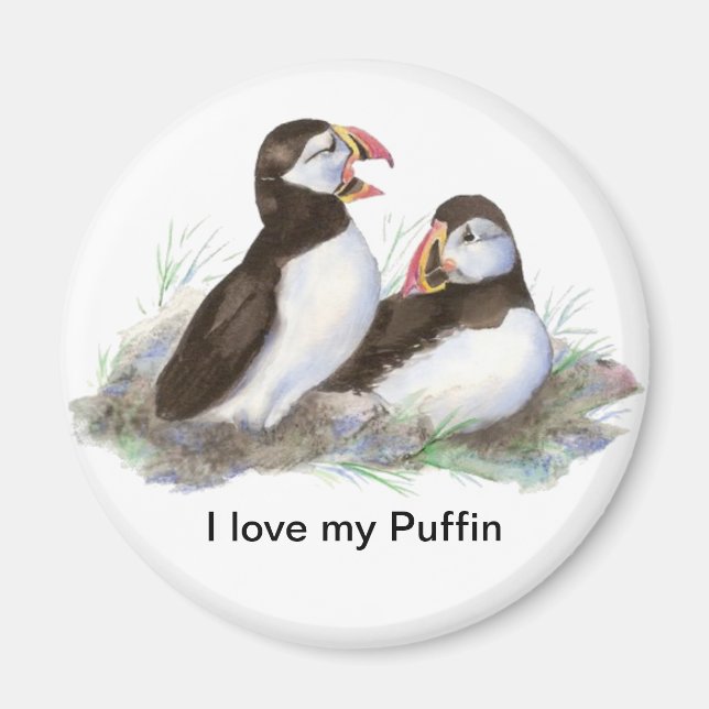 Imán Personalizado "Amo mi Puffin", Cute Watercolor Puf (Frente)