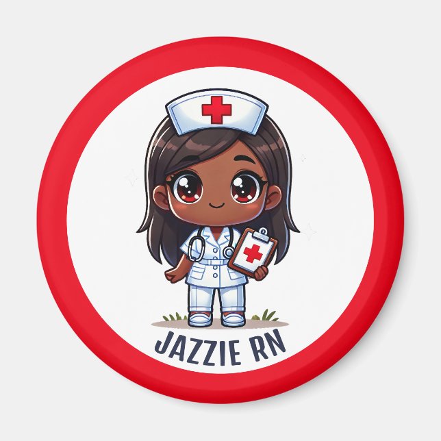 Imán Personalizado Cute Manga Black Nurse Brown Eyes (Frente)