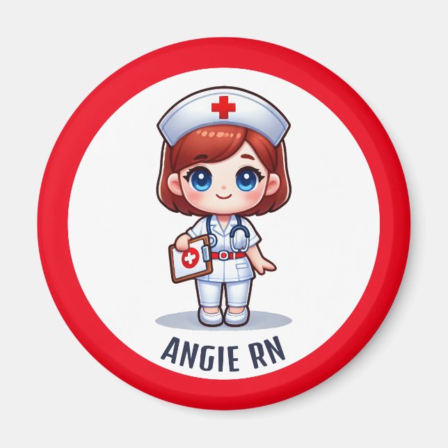 Imán Personalizado Cute Manga Enfermera Redhead Blue Ey (Frente)