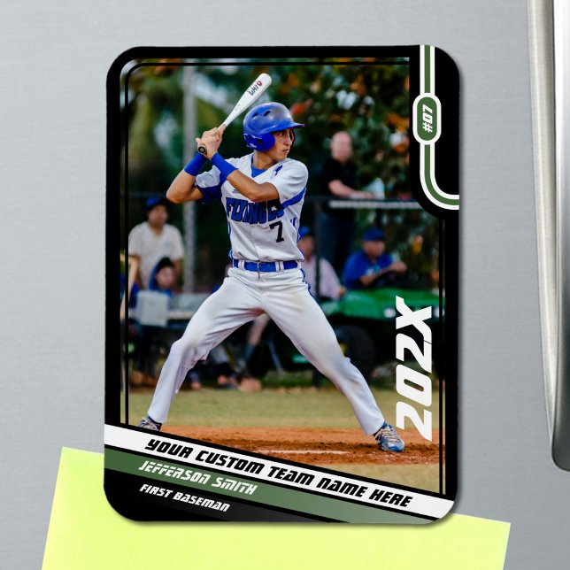 Imán Personalizado de beisbol Green (Black Baseball Player Magnet with Custom Team Name and White Green Stripes)