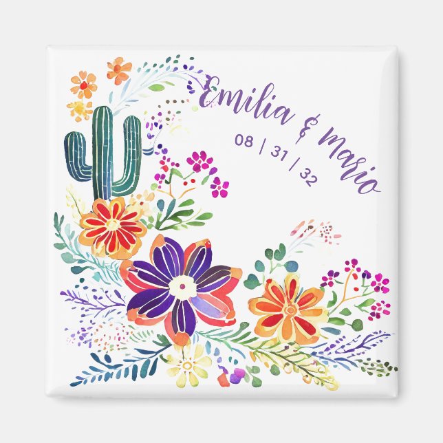 Imán PERSONALIZADO de Flores Folkart de FIESTA Cacti (Frente)