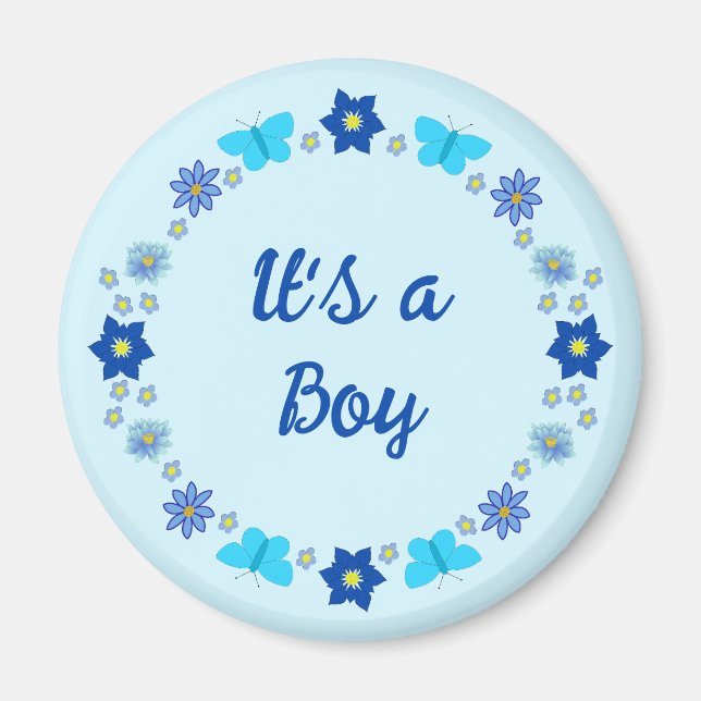 Imán Personalizado de mariposas y flores Blue Baby Boy (Frente)
