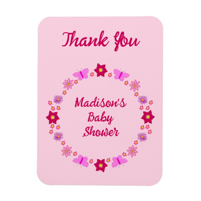 Imán Personalizado de mariposas y flores para bebé rosa (Vertical)