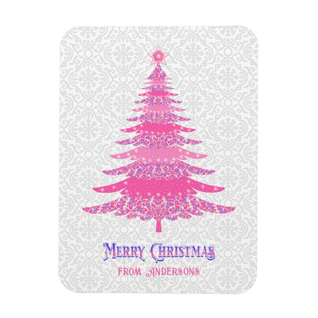 Imán Personalizado de nombre de árbol de Navidad rosa (Vertical)