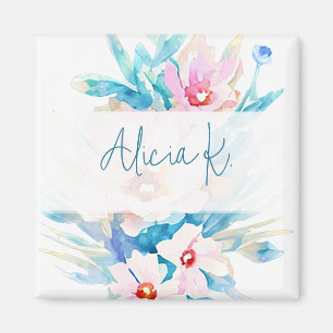 Imán Personalizado floral acuarela rosa y azul