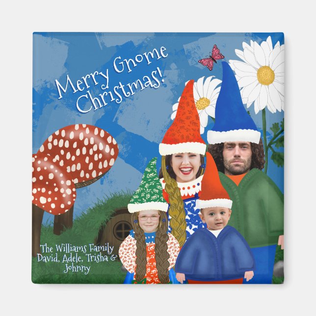 Imán Personalizado Foto Gnome Familia Feliz Navidad (Frente)