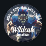 Imán Personalizado Futbolista Foto Espíritu de escuela<br><div class="desc">Este genial imán de fotos de jugadores de fútbol de secundaria personalizado presenta tipografía blanca de su nombre de equipo y jugador. Personalice con el tipo de mascota en la fotografía del atleta.</div>