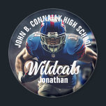 Imán Personalizado Futbolista Foto Espíritu de escuela<br><div class="desc">Este genial imán de fotos de jugadores de fútbol de secundaria personalizado presenta tipografía blanca de su nombre de equipo y jugador. Personalice con el tipo de mascota en la fotografía del atleta.</div>