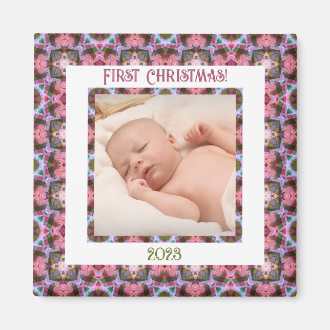 Imán Personalizado Jolly Navidades festivos foto rosa (Frente)