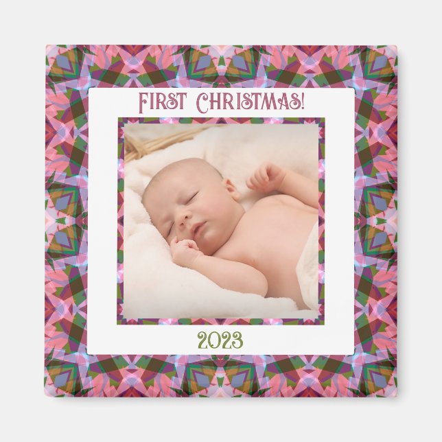 Imán Personalizado Jolly Navidades festivos foto rosa (Frente)