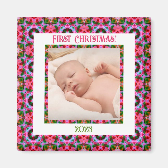 Imán Personalizado Jolly Navidades festivos foto rosa (Frente)