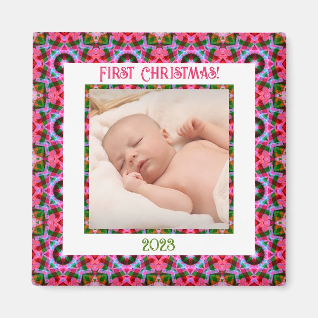 Imán Personalizado Jolly Navidades festivos foto rosa (Frente)