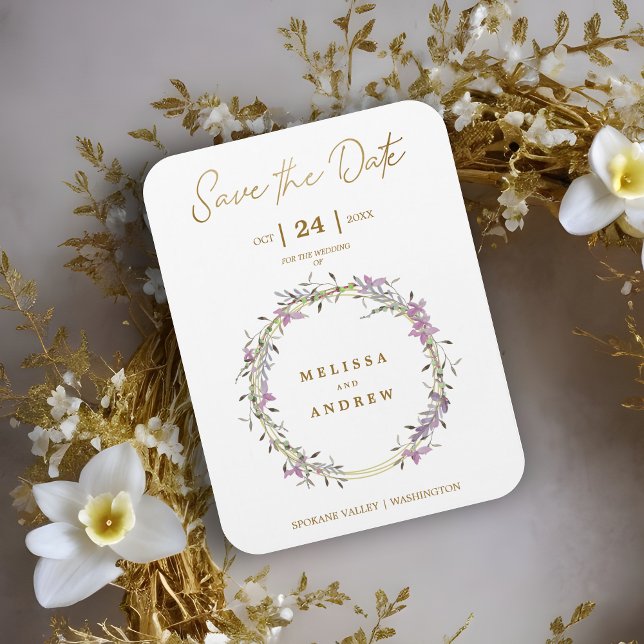 Imán Personalizado Lilac Elegant Garland Wreath Boda (Custom Lilac Elegant Garland Wreath Wedding Save the Date Magnetic Card.)