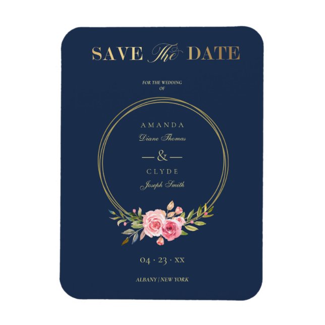 Imán Personalizado Navy Elegant Boda de guirnaldas rosa (Vertical)