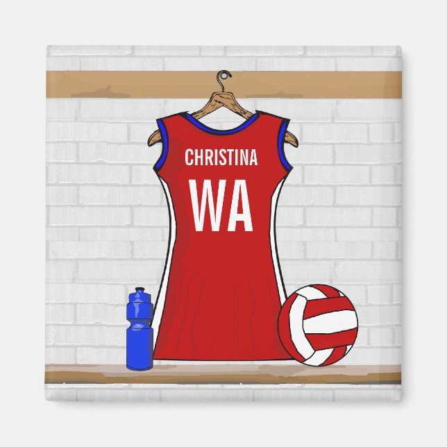 Imán Personalizado Netball Uniforme rojo con azul y bla (Frente)