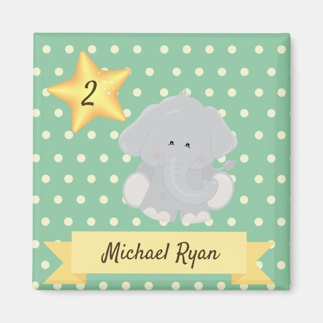 Imán Personalizado Polka Dot Elephant con nombre y edad (Frente)