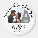 Imán Personalizado Script Texto Fridge Magnet Wedding F<br><div class="desc">Personalizado imprimió, personalizada CALLIGRAPHY SCRIPT plantilla de fuentes ROUND Photo Fridge Magnet favores de boda. Plantilla personalizada frente al imán de refrigerador fotográfico, disponible en 3 tamaños: 1.25", 2.25" y 3" de diámetro. TEXTO SUPERIOR - instrucción boda principal. Reemplace IMAGEN (IMAGE) con su pareja boda, compromiso, foto boda. MENOR TEXTO...</div>