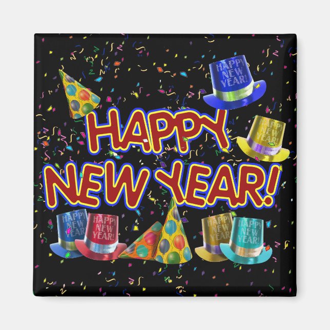 Imán Personalizado Texto con Fiestas Gorras y Confetti (Frente)