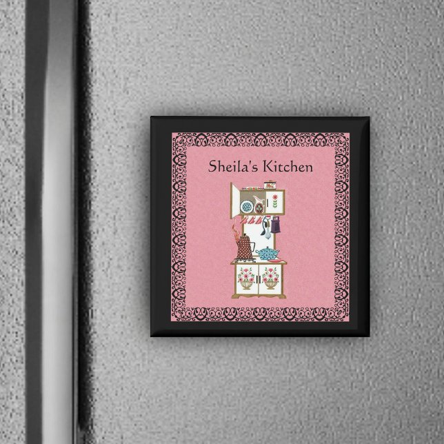 Imán Personalizado Vintage Kitchen Magnet (Vintage white cooking stove flowers in fancy black frame on pink kitchen magnet.)