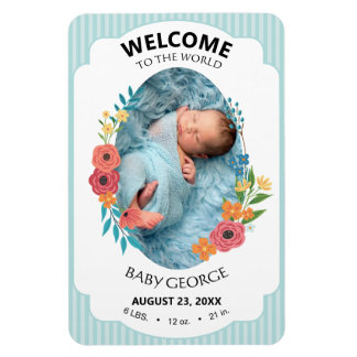 Imán personalized baby blue floral Birth announcements