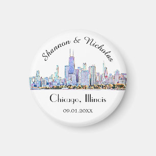 Imán Personalized Chicago Skyline Wedding