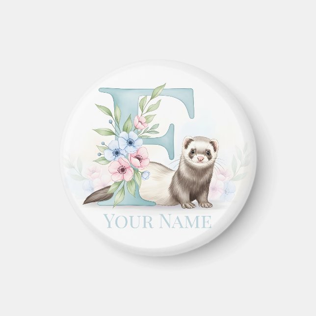 Imán Personalized Floral Monogram 'F' with Cute Ferret  (Frente)