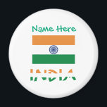 Imán Personalized India Flag Round<br><div class="desc">Round magnet featuring the India flag with INDIA in bold tricolor lettering and space above for a personalized name in green. Great for refrigerators, lockers, office boards, and metal surfaces. A fun stocking stuffer, thoughtful party favor, and meaningful accent for housewarmings, family reunions, Diwali, Independence Day, or Indian heritage events....</div>