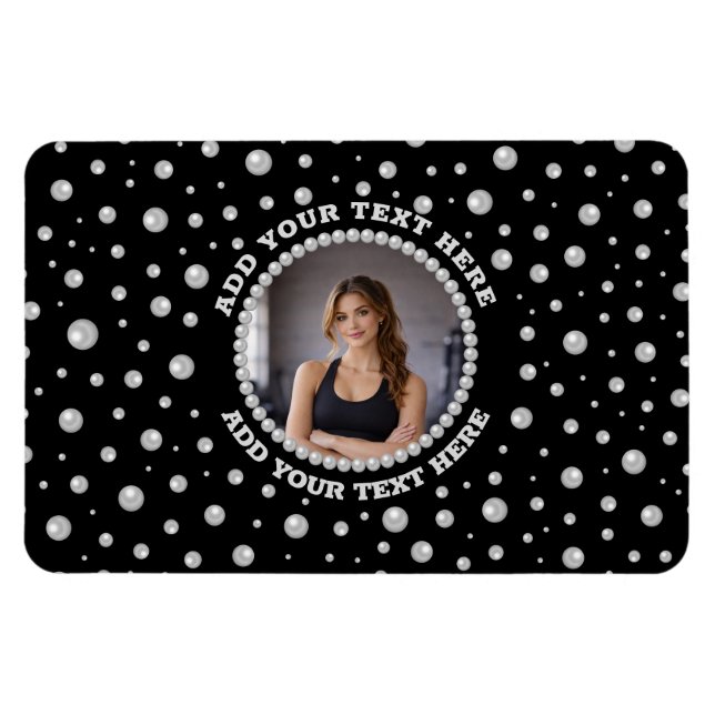Imán Personalized Photo with Pearls Circle on Black (Horizontal)