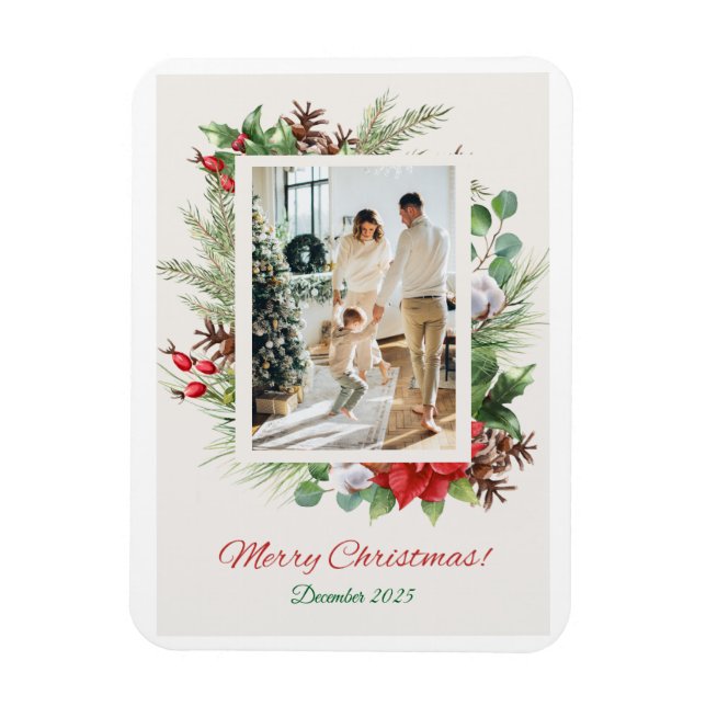 Imán Personalized Red & Green Floral Christmas Card  (Vertical)