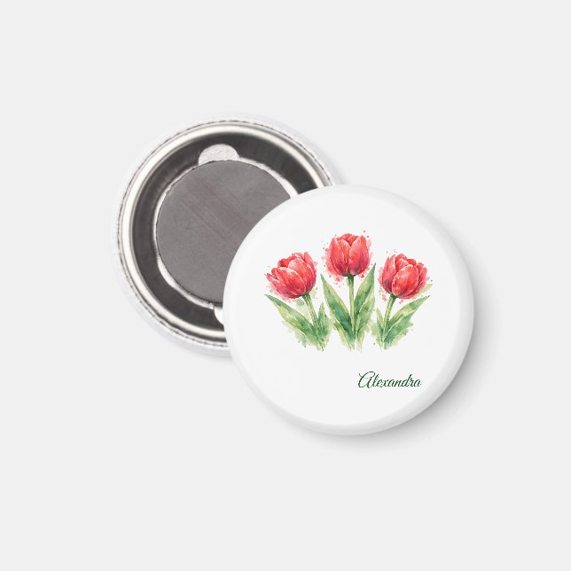 Imán Personalized Watercolor Red Tulips (Anverso/Reverso)