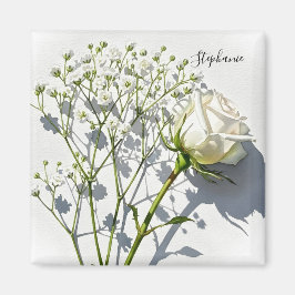 Imán Personalized White Rose Floral Magnet