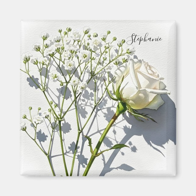 Imán Personalized White Rose Floral Magnet (Frente)