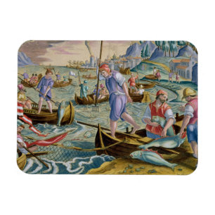 Imán Pesca con las redes y los tridentes en la bahía de