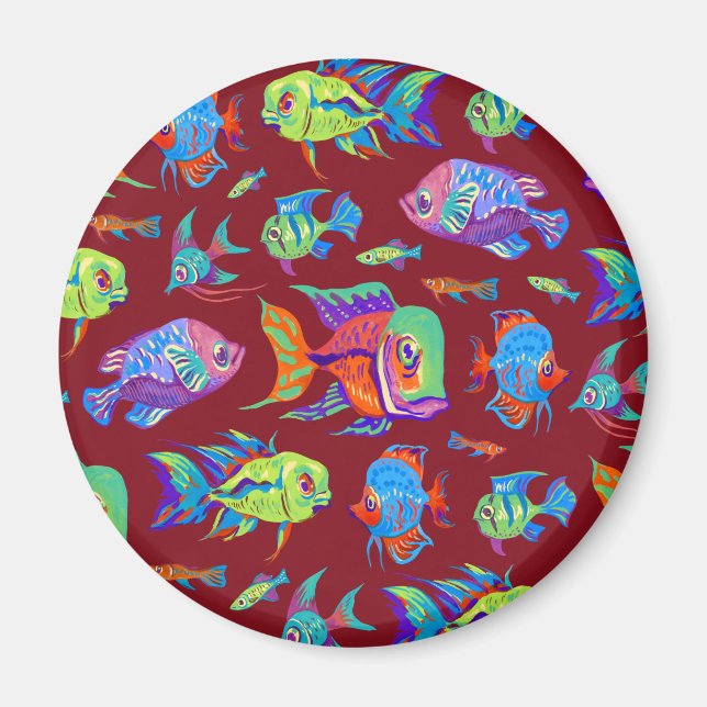 Imán Pesca tropical divertida en rojo oscuro (Frente)