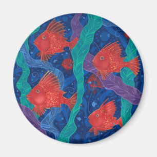 Imán Pescado rojo, algas marinas, animales marinos, art
