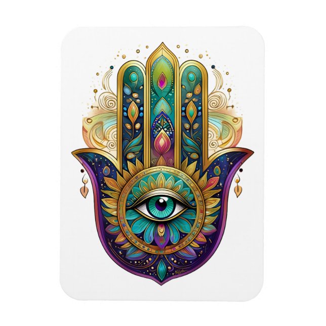 Imán Pétalos de Oro Verde Violeta Hamsa Turquesa Tercer (Vertical)