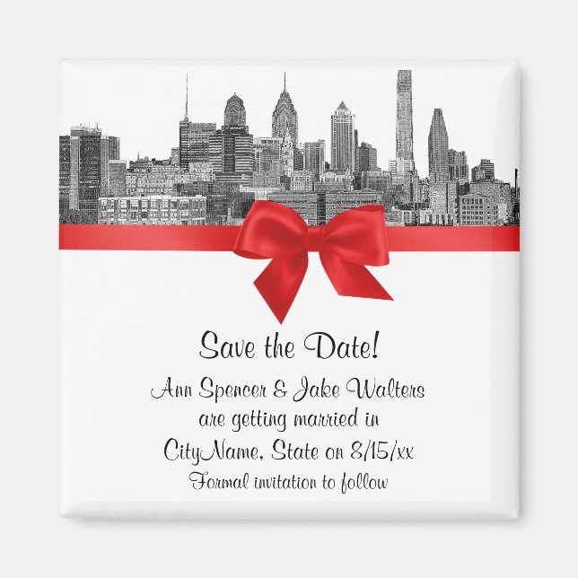 Imán Philadelphia Skyline Etch BW Red Save the Date (Frente)